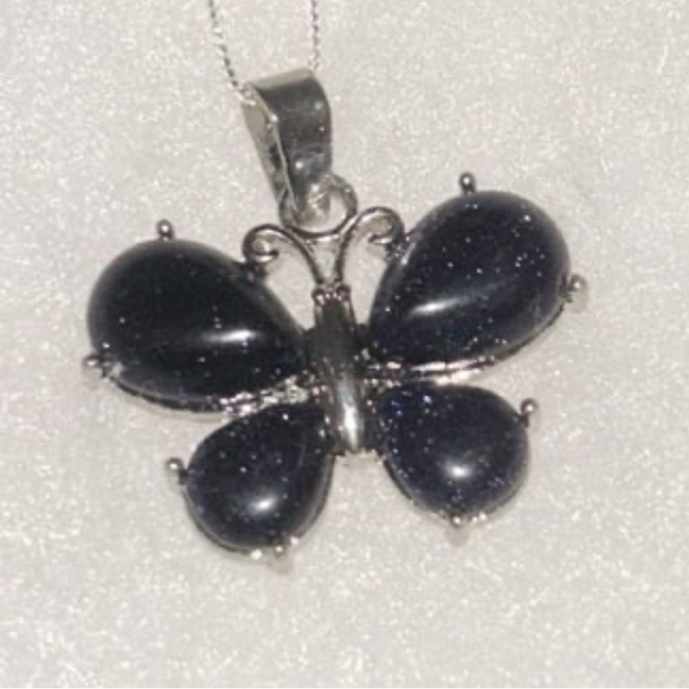 Boho hippie Blue Goldstone Butterfly Sterling Silver 16” Necklace